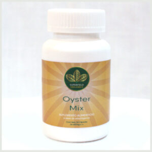 Frasco de suplemento alimenticio a base de adaptógenos Oyster Mix imagen informativa y promocional